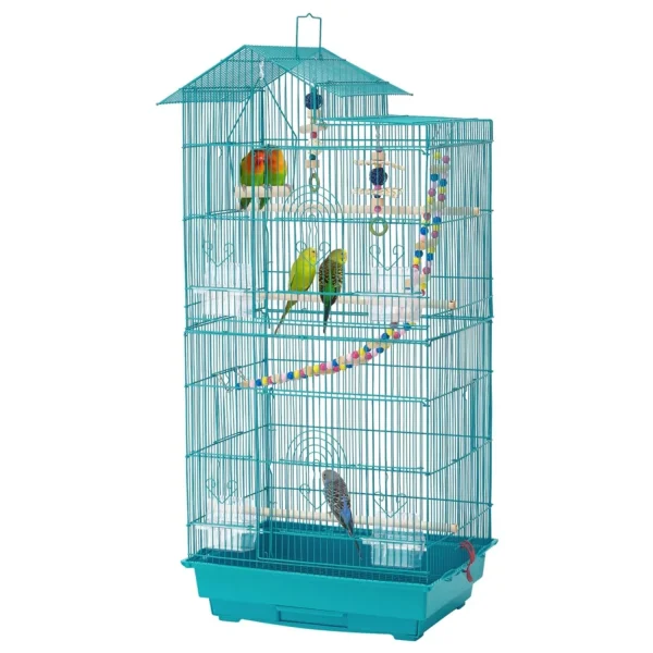 39" Metal Bird Cage with Perches and Toys, Teal Blue
